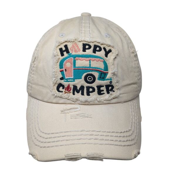 Happy Camper Strapback Hat Beige One Size Embroidered KB ETHOS Vintage - Picture 1 of 10